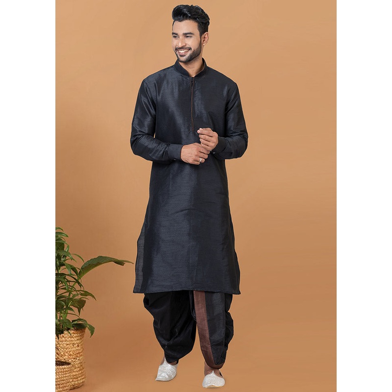 2 Pc Black Dupion Silk Kurta And Dhoti Set - JD986582693