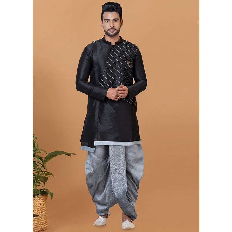 2 Pc Black Dupion Silk Kurta And Dhoti Set - JD986582694