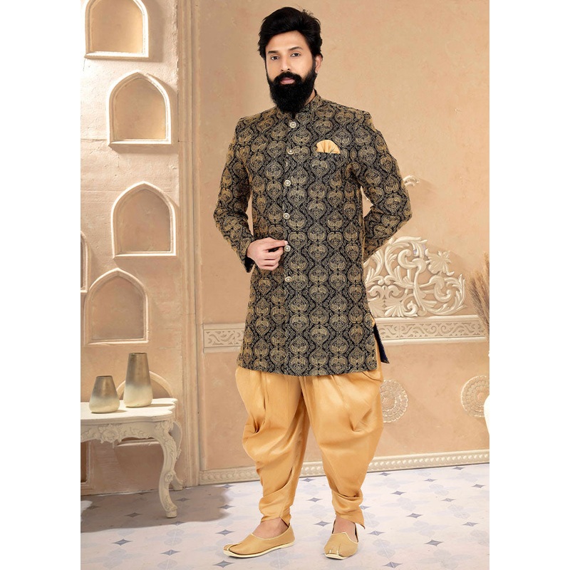 2 Pc Black Dupion Silk Kurta And Pajama Set - JD986582689