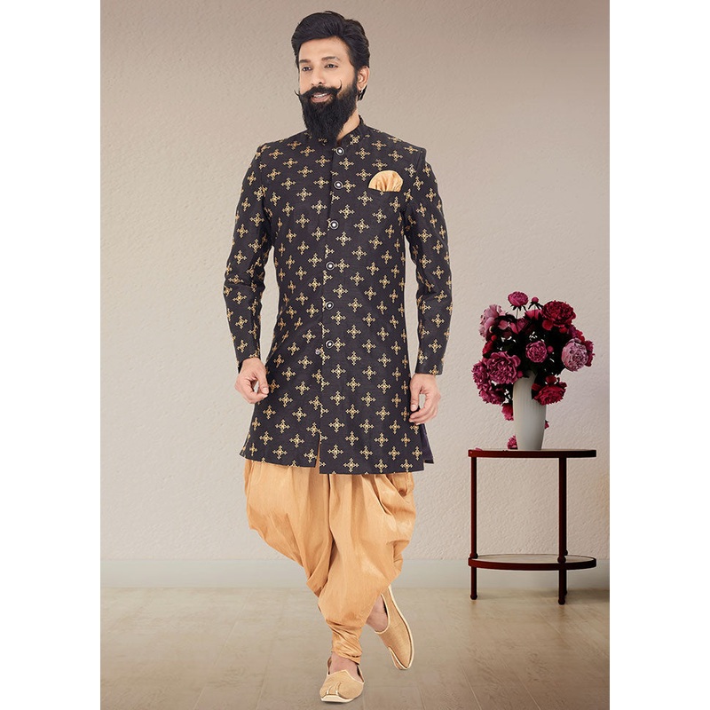 2 Pc Black Dupion Silk Kurta And Pajama Set - JD986582690
