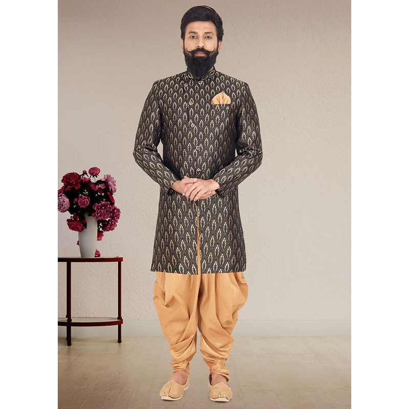 2 Pc Black Dupion Silk Kurta And Pajama Set - JD986582691