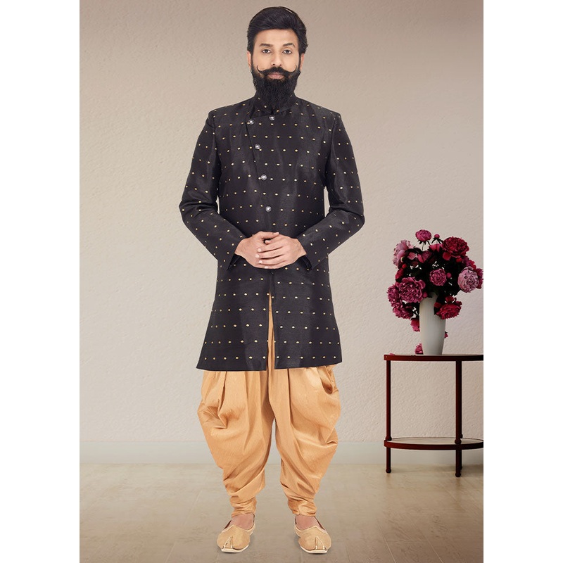 2 Pc Black Dupion Silk Kurta And Pajama Set - JD986582692