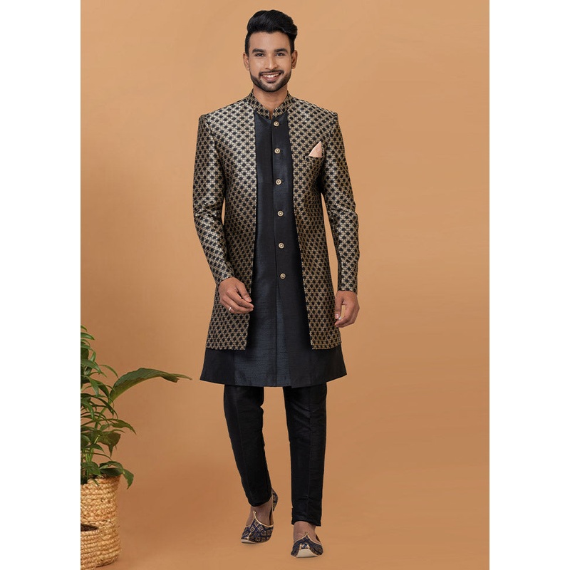2 Pc Black Silk Kurta Pajama Set - JD986582684