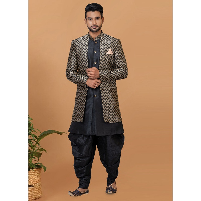 2 Pc Black Silk Kurta Pajama Set - JD986582685