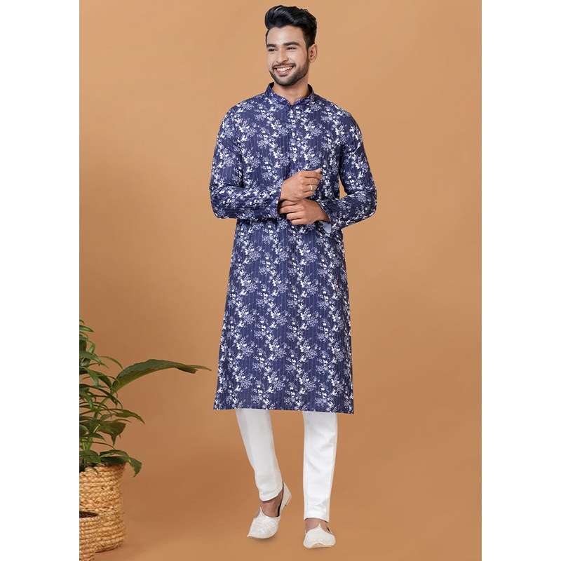 2 Pc Blue Cotton Kurta Pajama Set - JD986582680