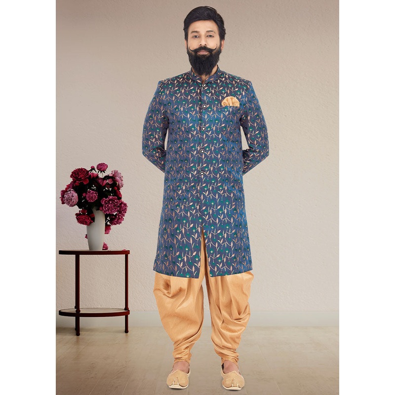 2 Pc Blue Dupion Silk Kurta And Pajama Set - JD986582674