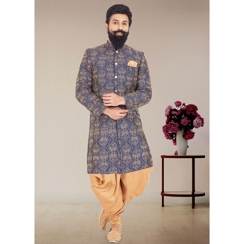 2 Pc Blue Dupion Silk Kurta And Pajama Set - JD986582675
