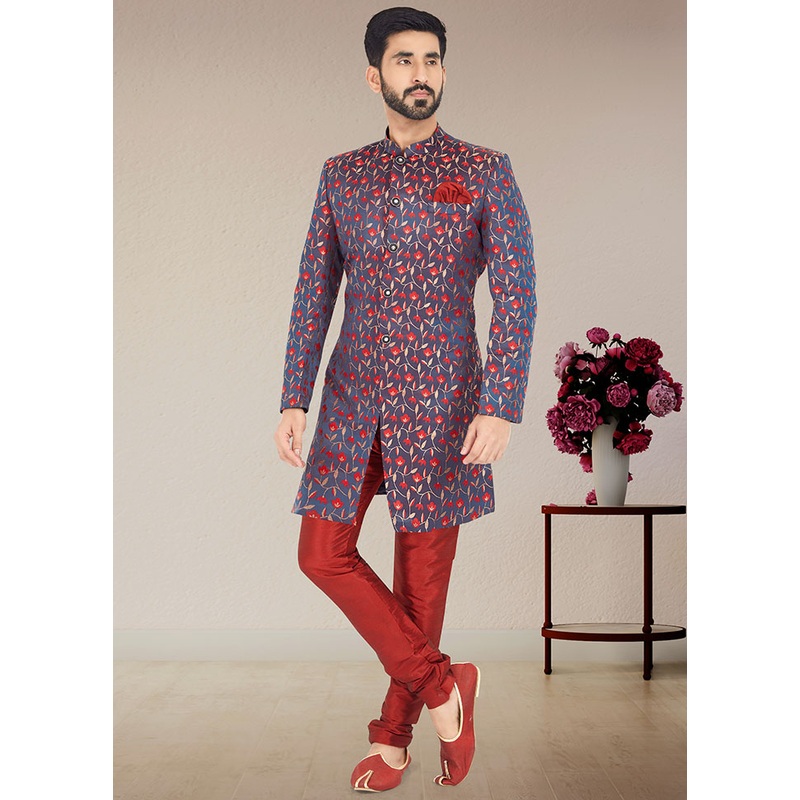 2 Pc Blue Dupion Silk Kurta And Pajama Set - JD986582676