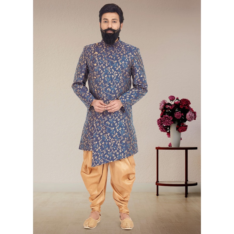 2 Pc Blue Dupion Silk Kurta And Pajama Set - JD986582677