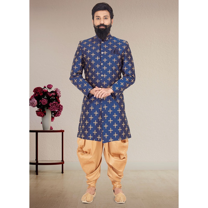 2 Pc Blue Dupion Silk Kurta And Pajama Set - JD986582678