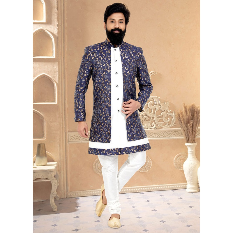 2 Pc Blue Dupion Silk Kurta And Pajama Set - JD986582679
