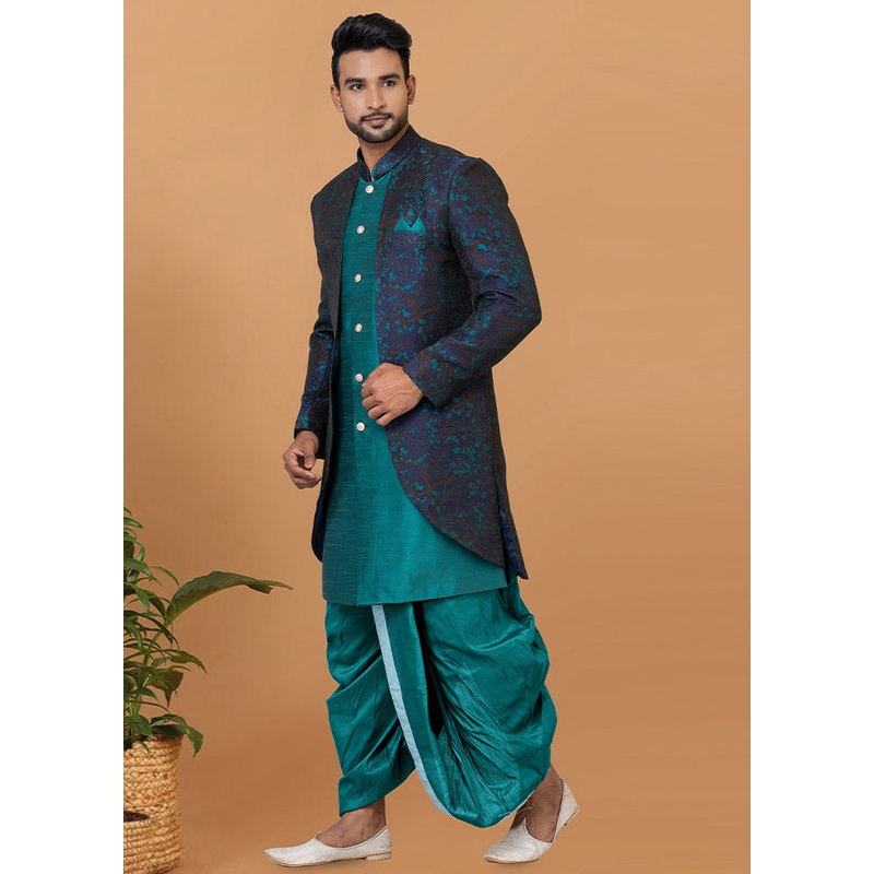 2 Pc Blue Silk Kurta Pajama Set - JD986582668