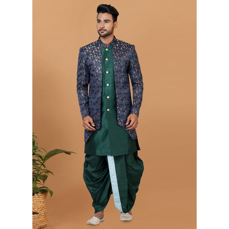 2 Pc Blue Silk Kurta Pajama Set - JD986582669