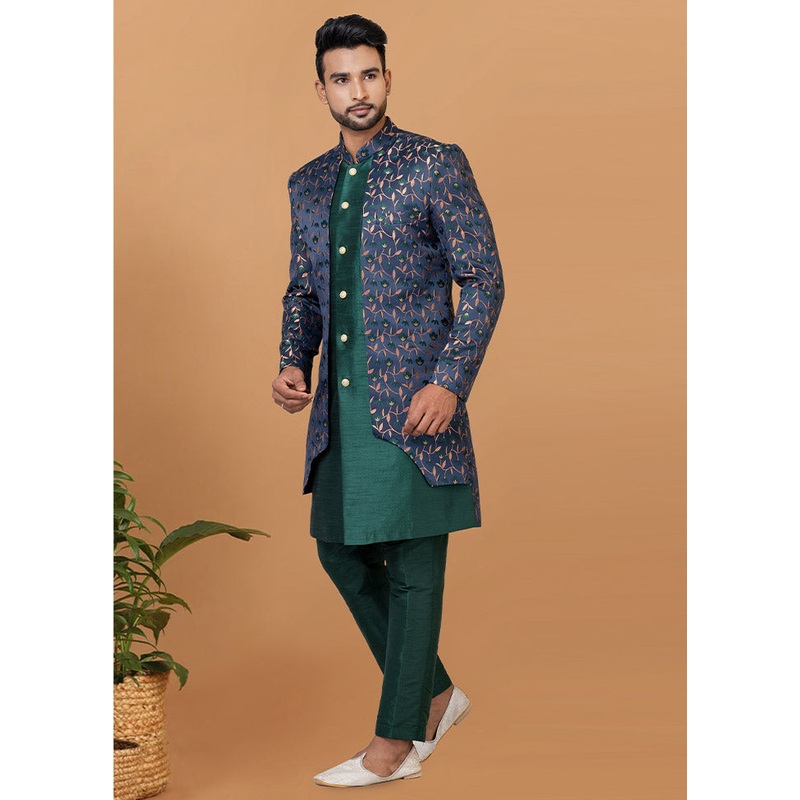 2 Pc Blue Silk Kurta Pajama Set - JD986582670