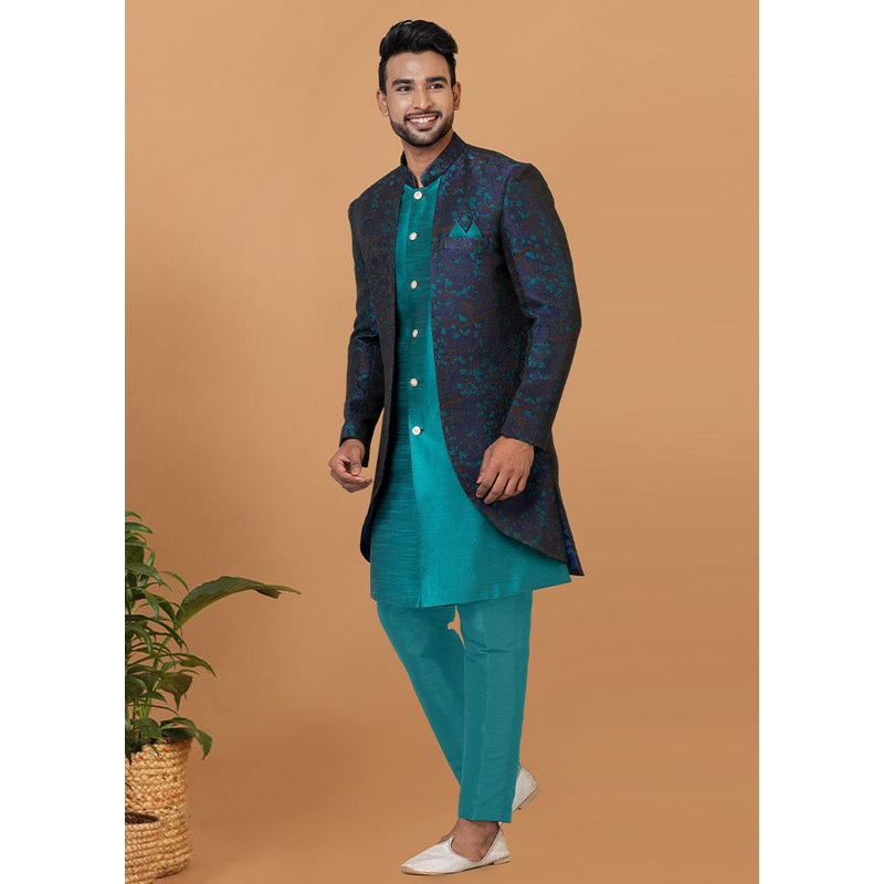 2 Pc Blue Silk Kurta Pajama Set - JD986582671