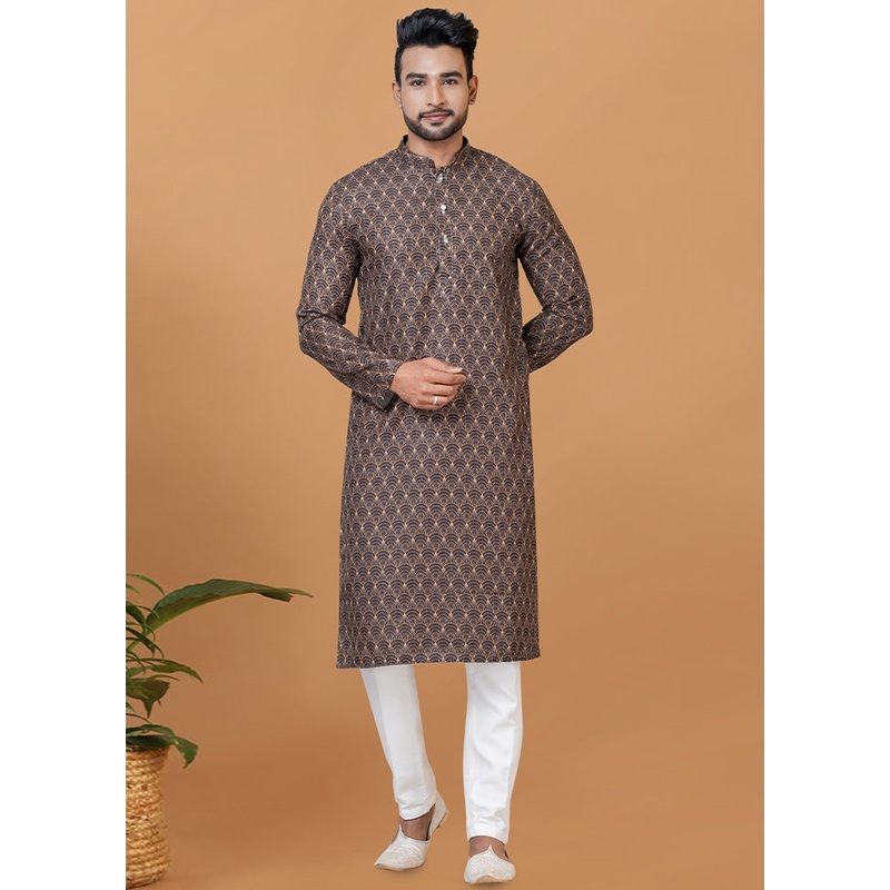 2 Pc Brown Cotton Kurta Pajama Set - JD986582666