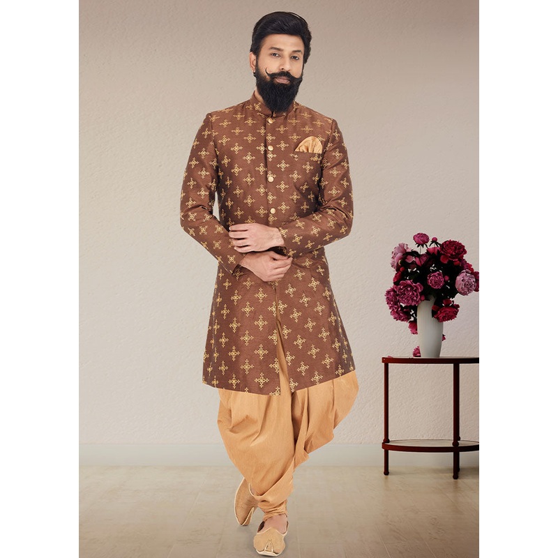 2 Pc Brown Dupion Silk Kurta And Pajama Set - JD986582664