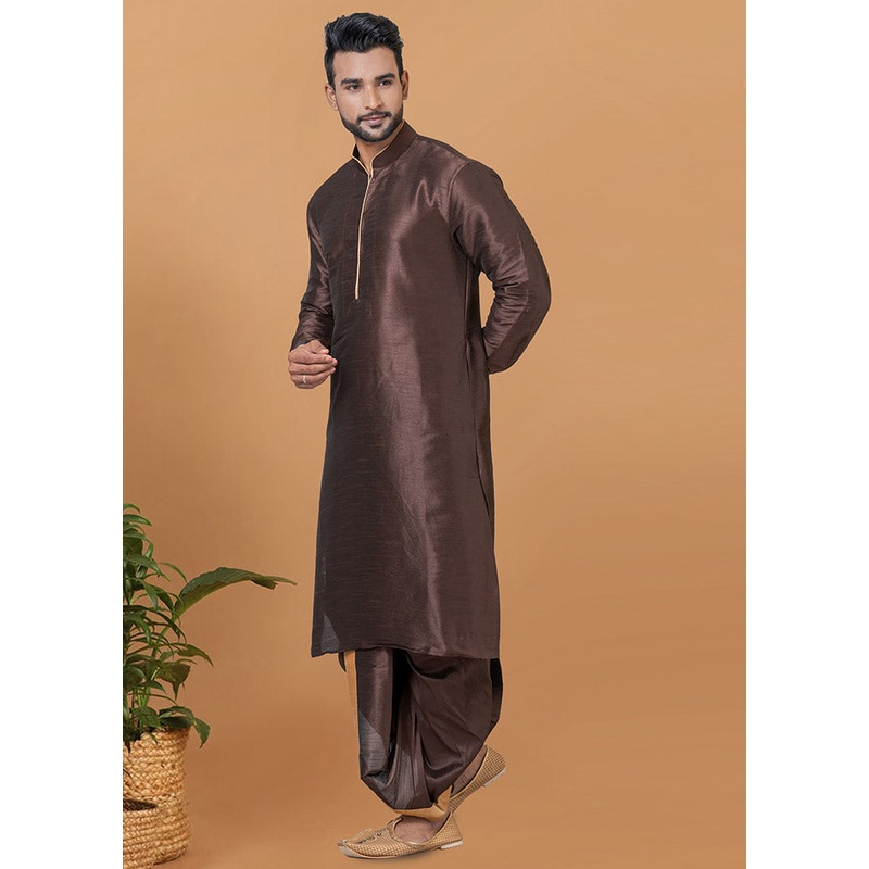 2 Pc Coffee Dupion Silk Kurta And Dhoti Set - JD986582662