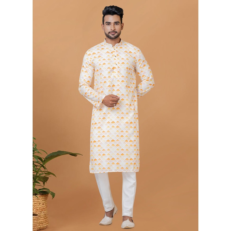 2 Pc Cream Cotton Kurta Pajama Set - JD986582653