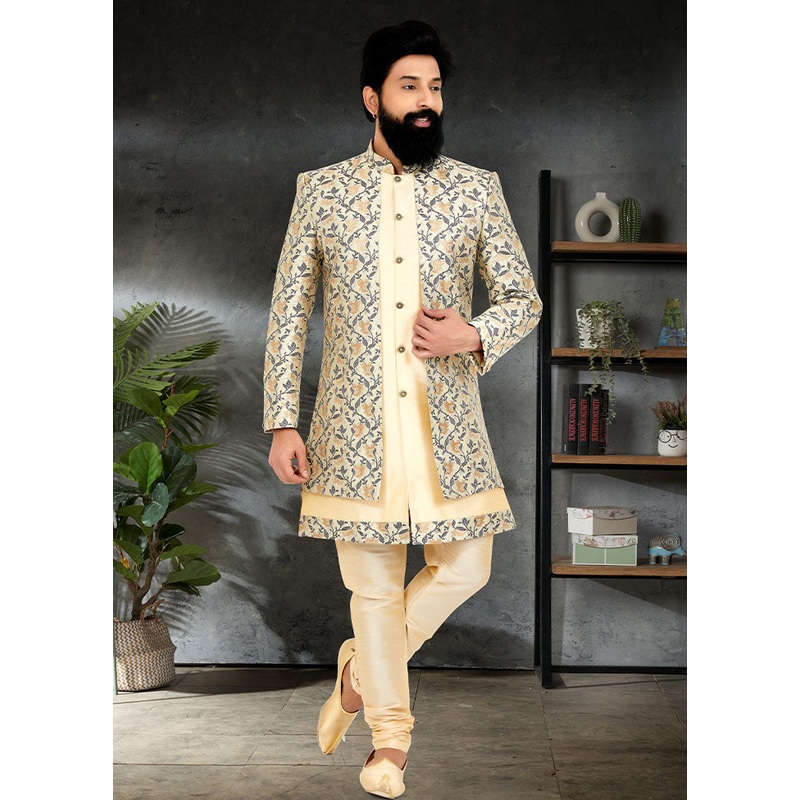 2 Pc Cream Dupion Silk Kurta And Pajama Set - JD986582650