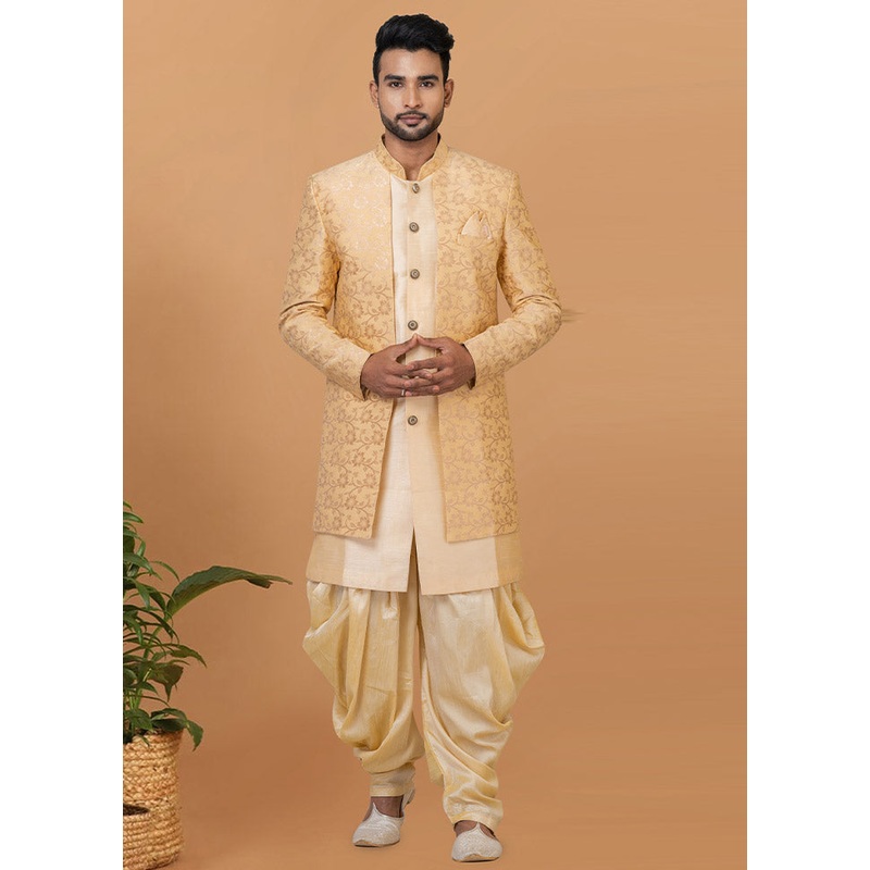 2 Pc Cream Silk Kurta Pajama Set - JD986582643