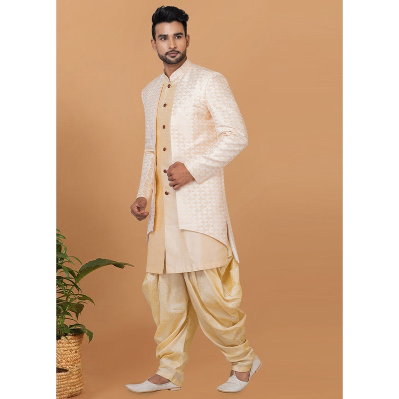 2 Pc Cream Silk Kurta Pajama Set - JD986582644