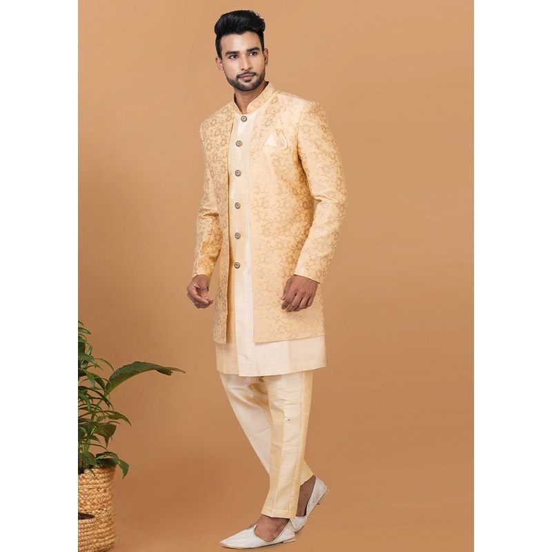 2 Pc Cream Silk Kurta Pajama Set - JD986582647