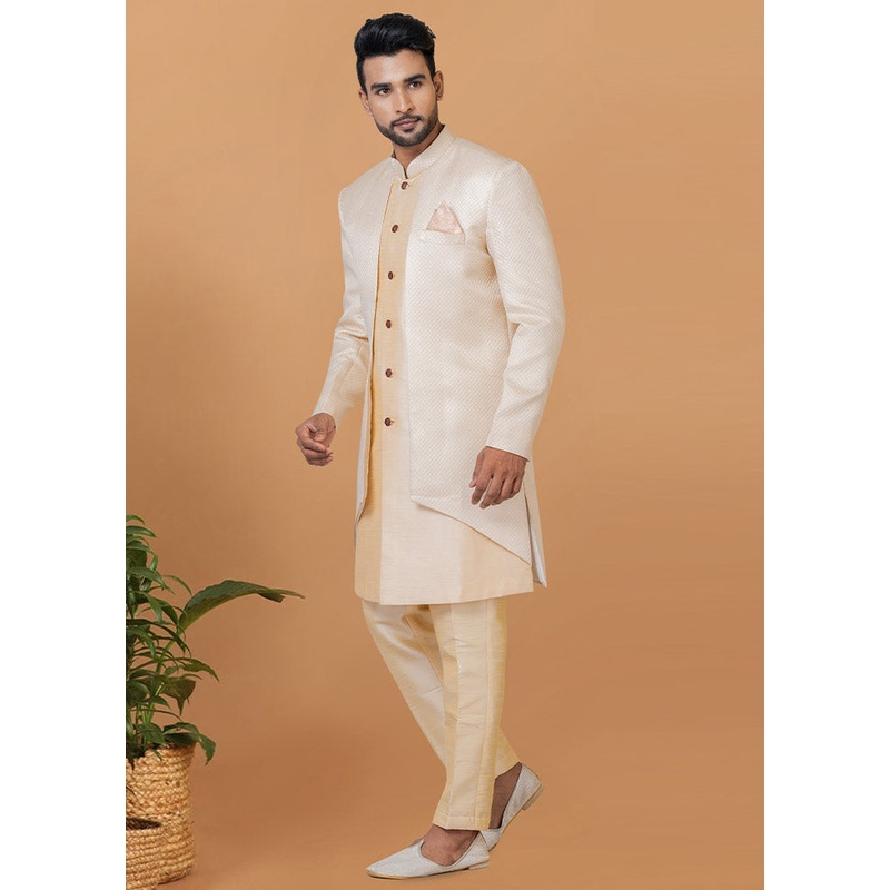 2 Pc Cream Silk Kurta Pajama Set - JD986582648