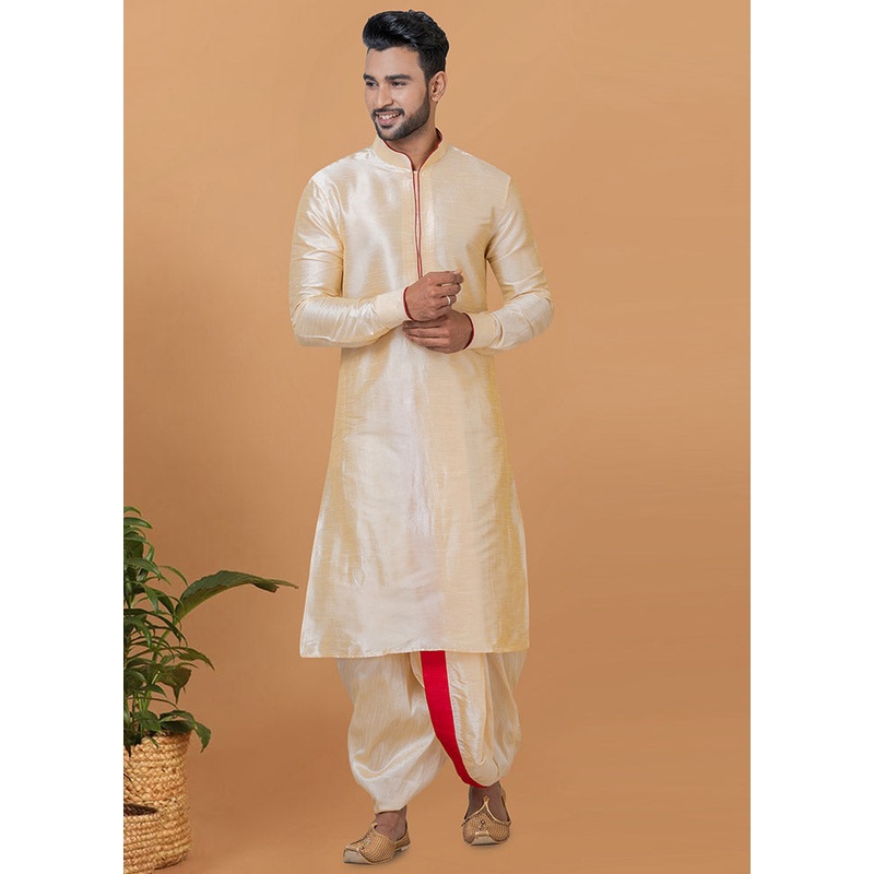 2 Pc Gold Dupion Silk Kurta And Dhoti Set - JD986582642