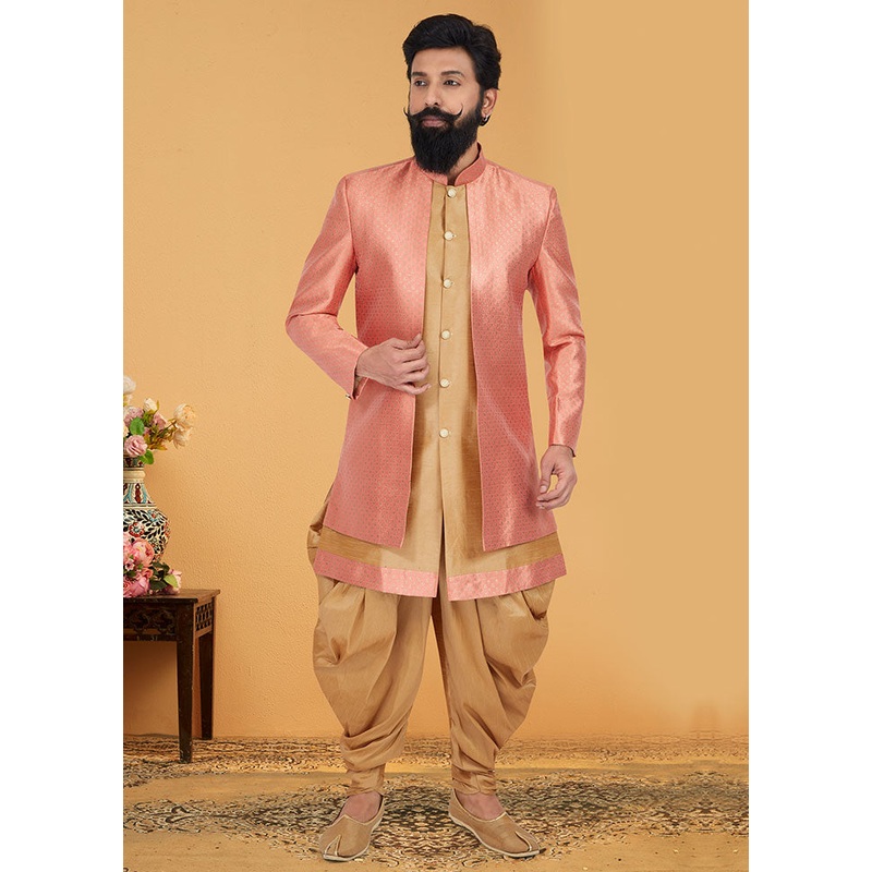 2 Pc Golden Dupion Silk Kurta And Pajama Set - JD986582641