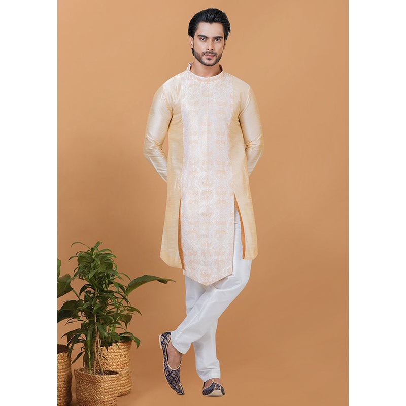 2 Pc Golden Silk Kurta Pajama Set - JD986582640