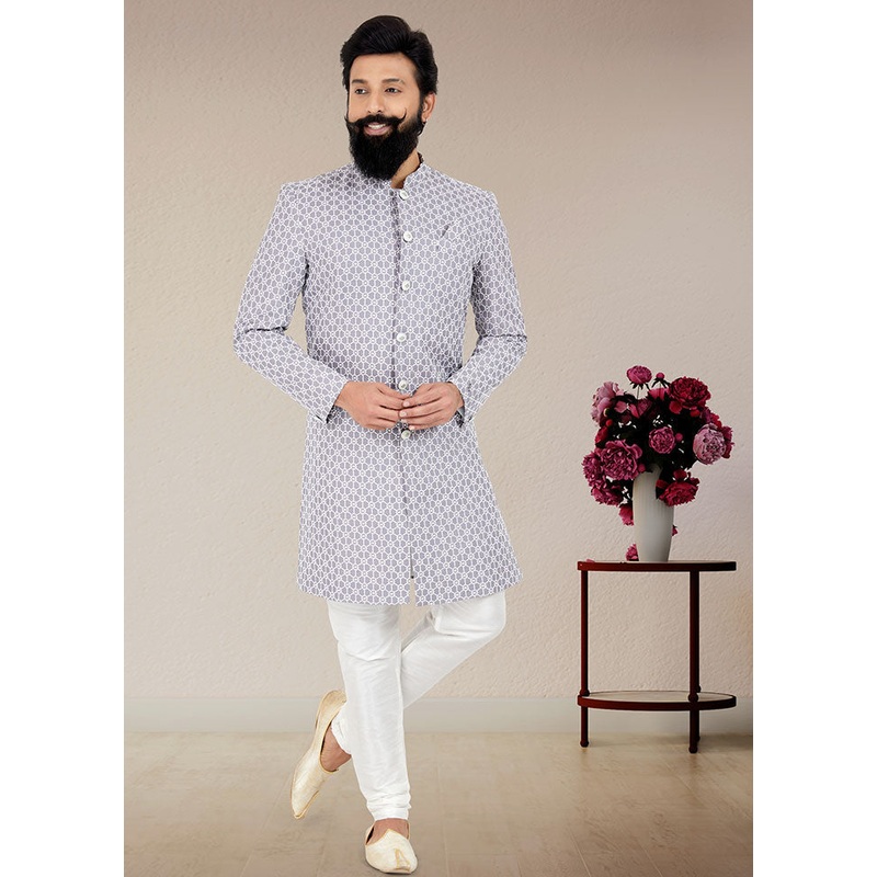 2 Pc Grayish Lavender Dupion Silk Kurta And Pajama Set - JD986582639