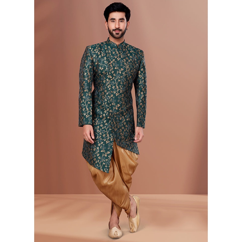 2 Pc Green Dupion Silk Kurta Pajama Set - JD986582637