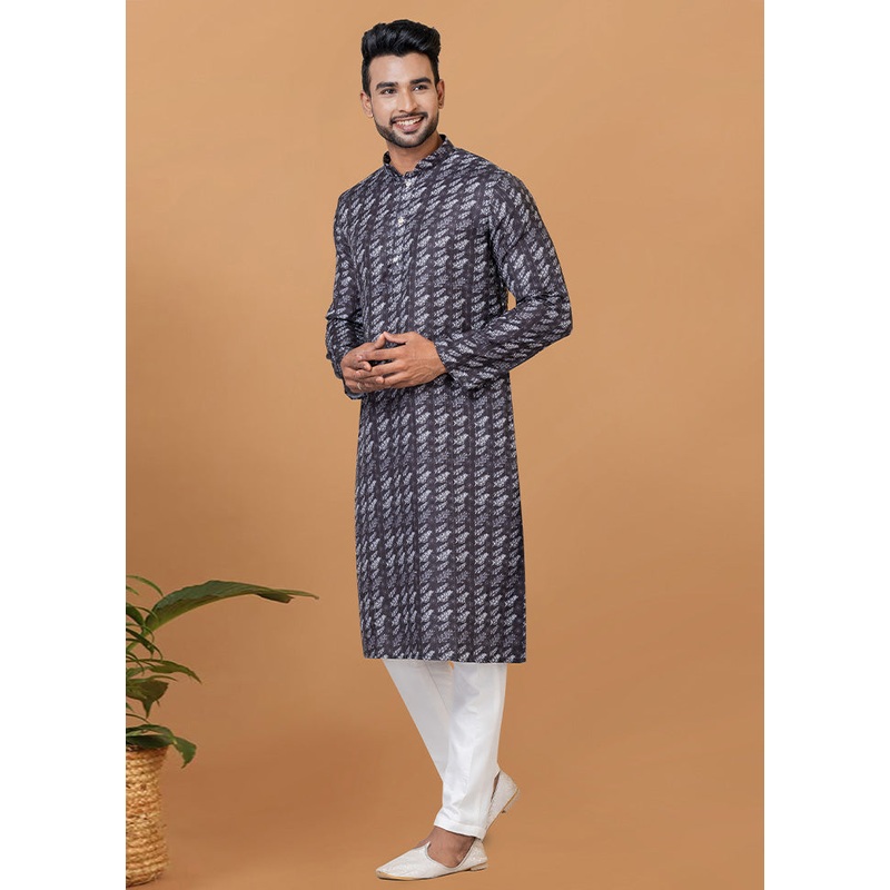 2 Pc Grey Cotton Kurta Pajama Set - JD986582633