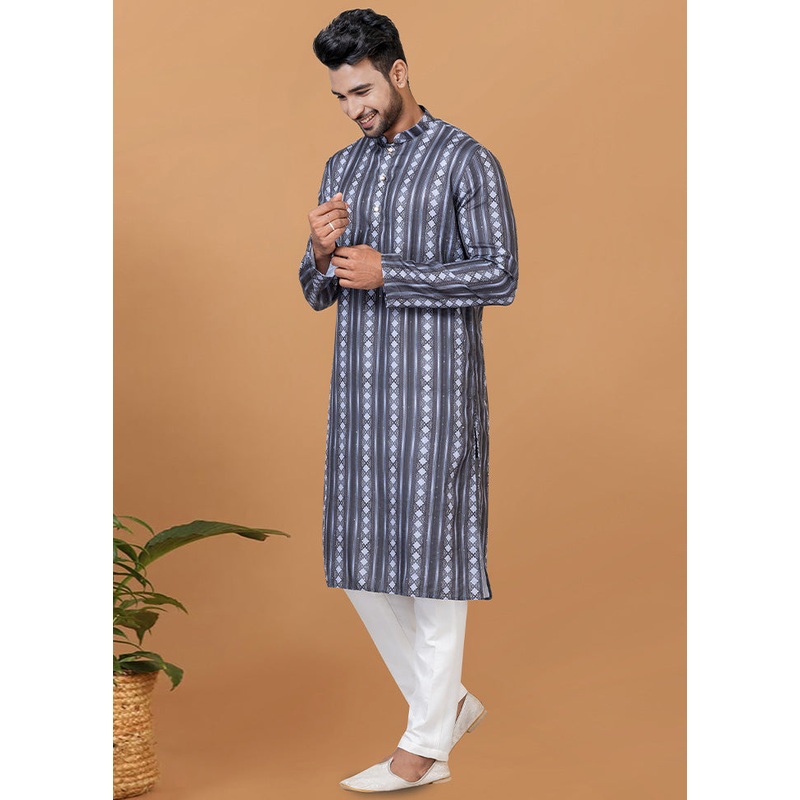 2 Pc Grey Cotton Kurta Pajama Set - JD986582634