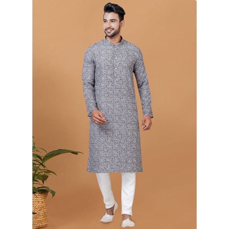 2 Pc Grey Cotton Kurta Pajama Set - JD986582635
