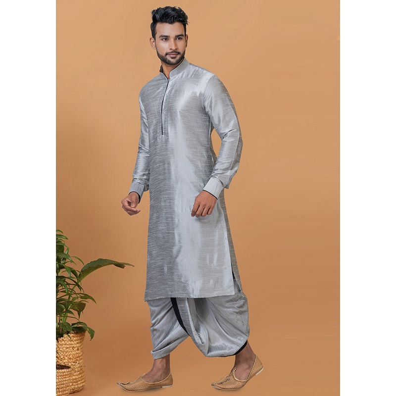2 Pc Grey Dupion Silk Kurta And Dhoti Set - JD986582632