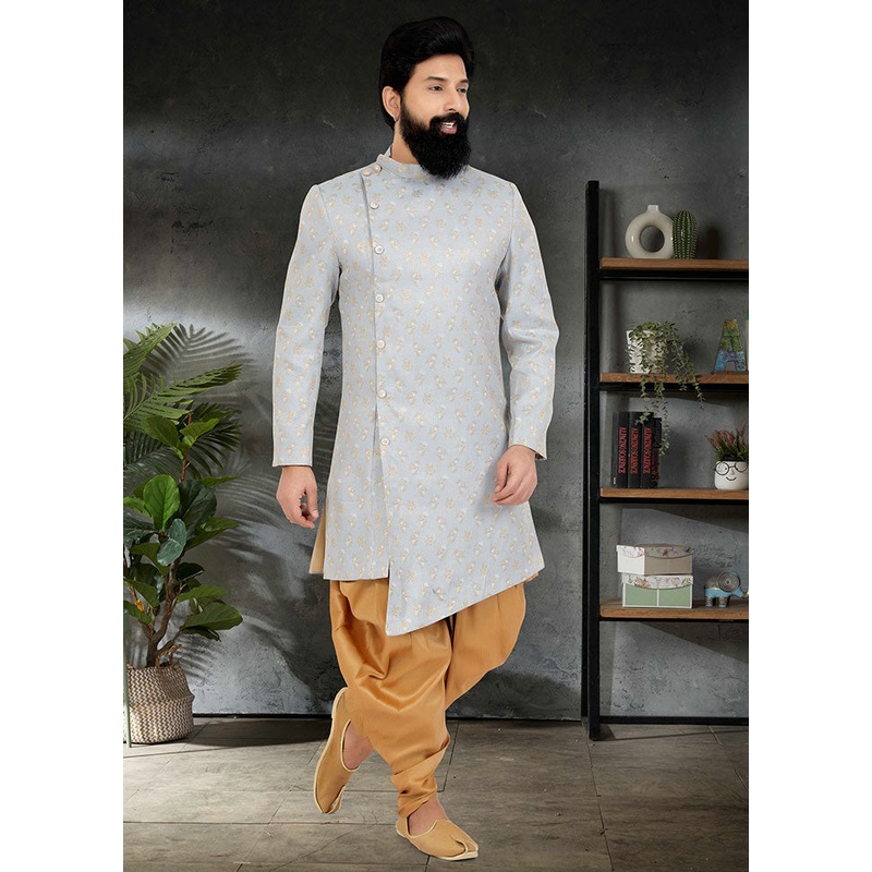 2 Pc Grey Dupion Silk Kurta And Pajama Set - JD986582626