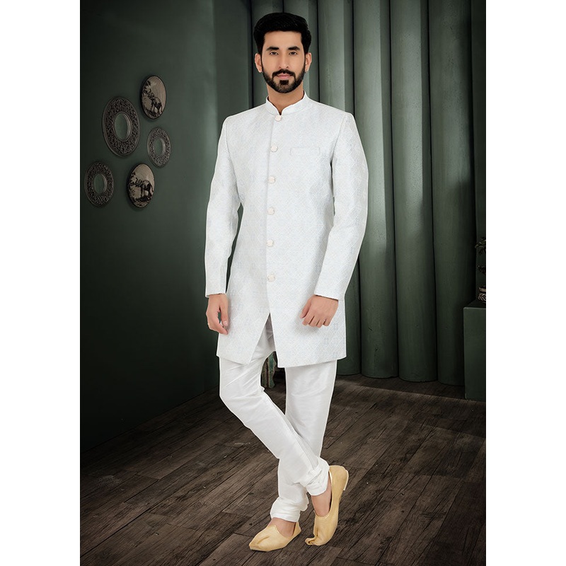 2 Pc Grey Dupion Silk Kurta And Pajama Set - JD986582627