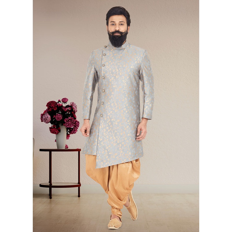 2 Pc Grey Dupion Silk Kurta And Pajama Set - JD986582628
