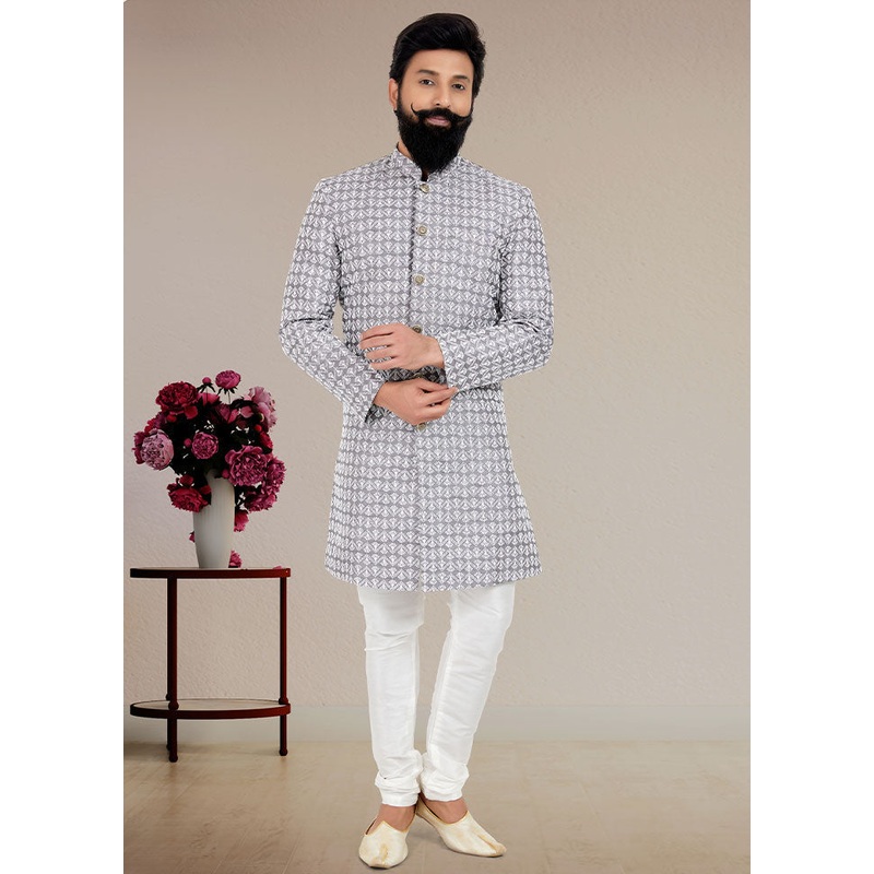 2 Pc Grey Dupion Silk Kurta And Pajama Set - JD986582630