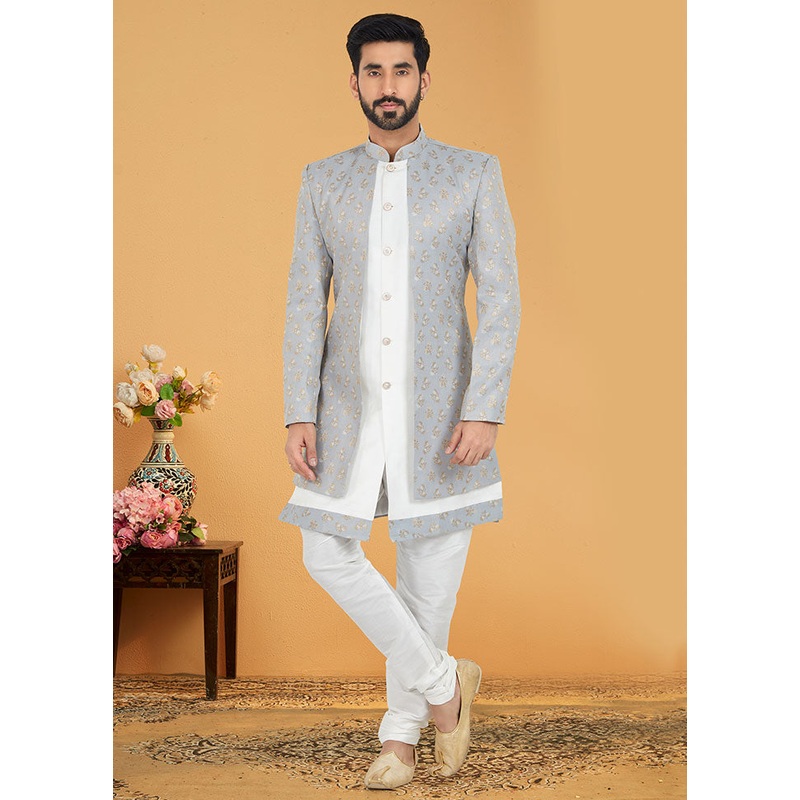 2 Pc Grey Dupion Silk Kurta And Pajama Set - JD986582631