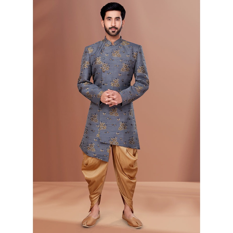 2 Pc Grey Dupion Silk Kurta Pajama Set - JD986582625