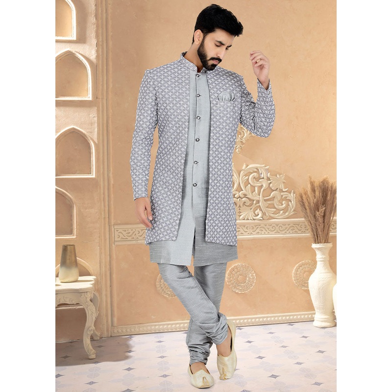 2 Pc Grey Georgette Kurta And Pajama Set - JD986582623
