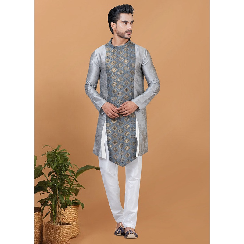 2 Pc Grey Silk Kurta Pajama Set - JD986582621