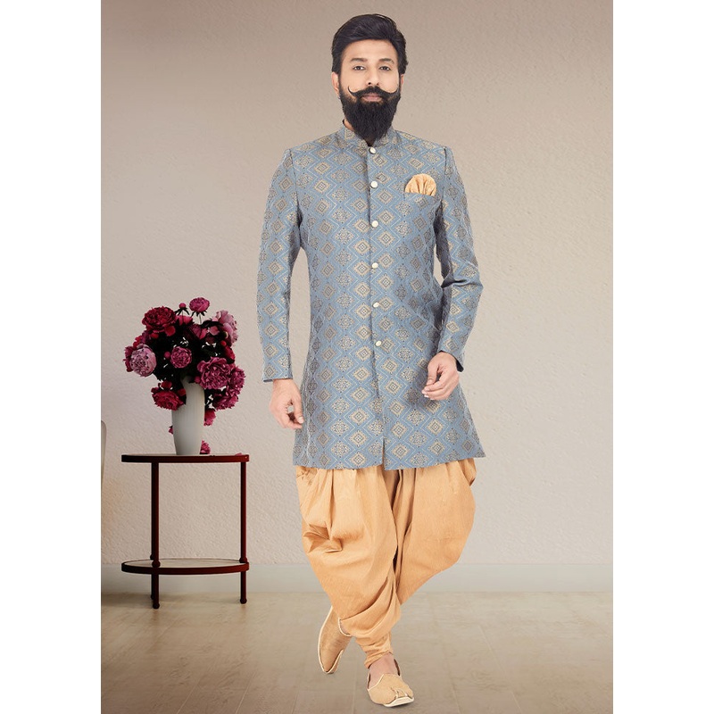 2 Pc Greyish Blue Dupion Silk Kurta And Pajama Set - JD986582622