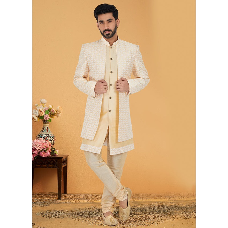 2 Pc Light Yellow Dupion Silk Kurta And Pajama Set - JD986582619
