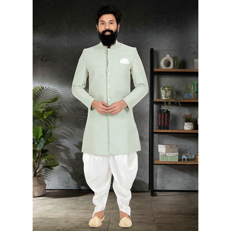 2 Pc Lime Green Dupion Silk Kurta And Pajama Set - JD986582617