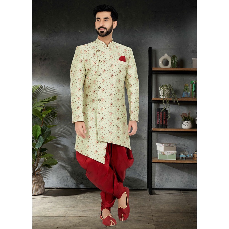2 Pc Lime Green Dupion Silk Kurta And Pajama Set - JD986582618
