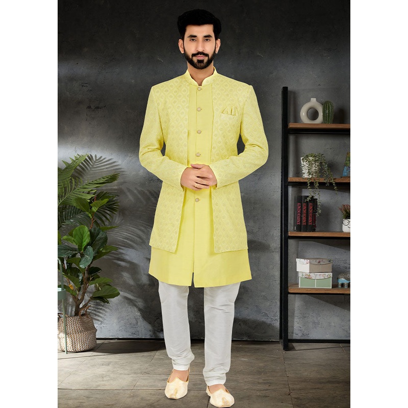 2 Pc Lime Yellow Georgette Kurta And Pajama Set - JD986582616